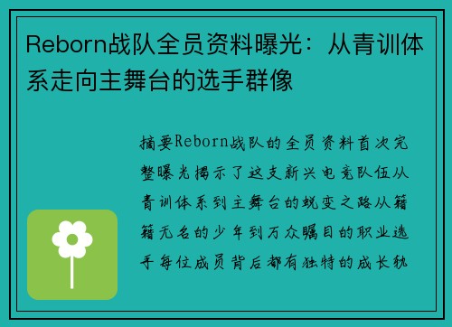 Reborn战队全员资料曝光：从青训体系走向主舞台的选手群像