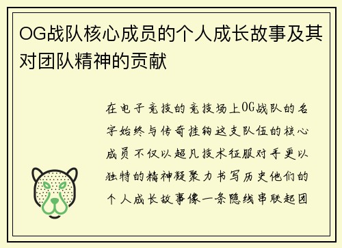 OG战队核心成员的个人成长故事及其对团队精神的贡献